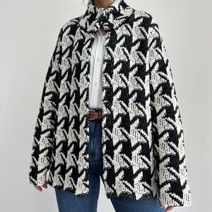 Chicos Jacket Womens XL Wool Blend Knit Cardigan‎ Houndstooth Check Mock Neck